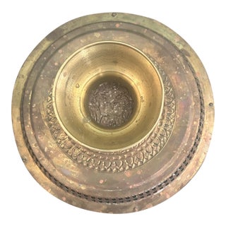 Vintage Thai Brass Pedestal Offering Tray With Embossed Deity Motif For Sale