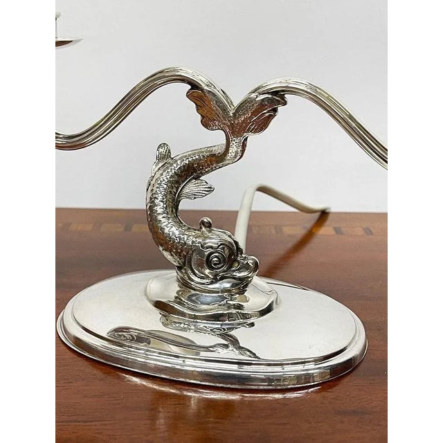 English Sterling Silver Dolphin 2 Arm Table Lamp For Sale - Image 5 of 11