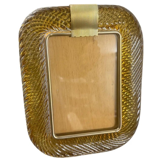Mid-Century Modern 1990s Barovier Style Art Deco Amber Murano Glass and Brass Picture Frame For Sale - Image 3 of 13