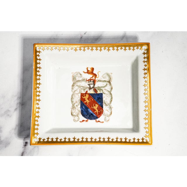 Stately Pair Vintage Porcelain Armorial Catchall Trays Heraldic Coat of Arms Dish Gold Gilt English Country Home Decor For Sale - Image 11 of 16