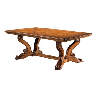 Italian Walnut Trestle Dining Table With Inlaid Top and Extension Leaves For Sale