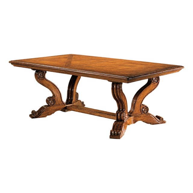 Italian Walnut Trestle Dining Table With Inlaid Top and Extension Leaves For Sale