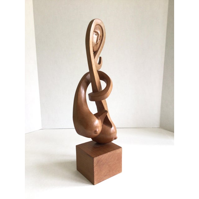 11960s Carved Wood Sculpture of Woman Figure Mounted on Wood Pedestal Woman with breasts Mounted on Square Wood Base...