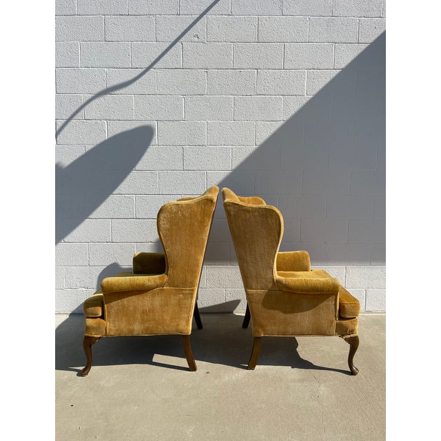 Mustard Pair of Vintage Queen Anne Style Wingback Chairs For Sale - Image 8 of 13