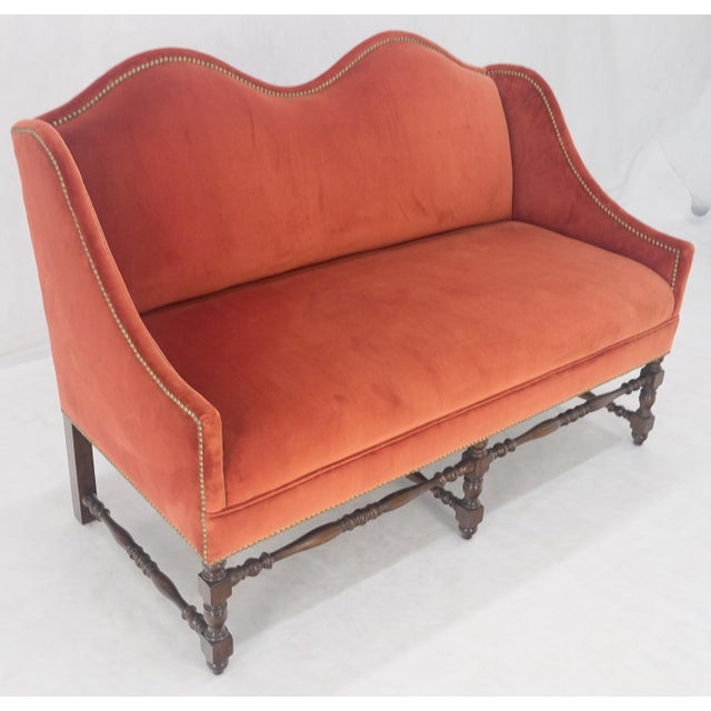 Spanish William & Mary Style Brick Red Camel Back Upholstery Walnut Base Loveseat For Sale - Image 3 of 12