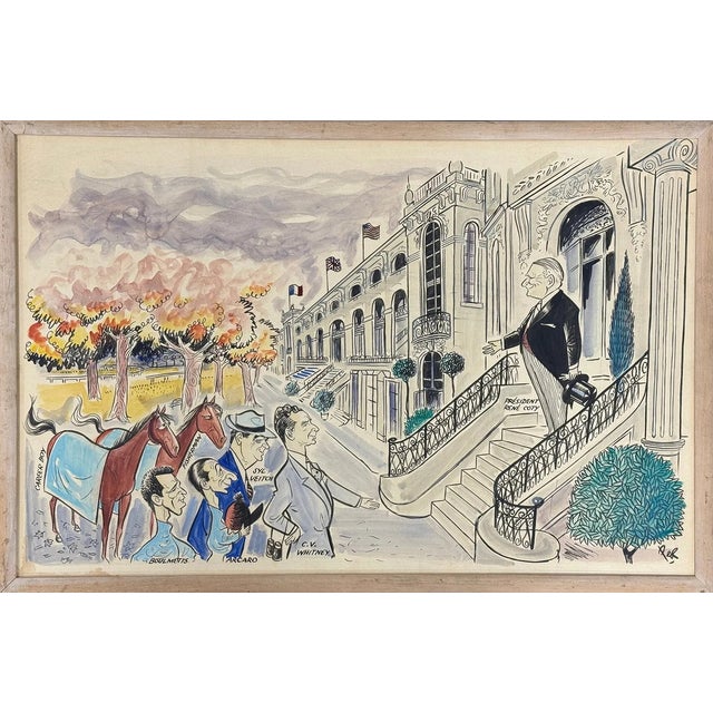 1950s Cornelius Vanderbilt (c.v.) "Sonny" Whitney at the Prestigious Prix De l'Arc De Triomphe at Longchamp Watercolor by Pierre Bellocq Aka "Peb" For Sale - Image 5 of 9