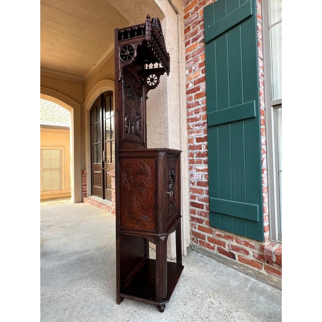 Wood Antique French Breton Hall Cabinet Tall Narrow Carved Crown Bookcase C1880 For Sale - Image 7 of 18