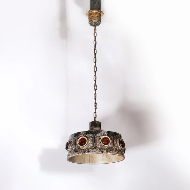 1960s Mid-Century Cool Umber Glazed Ceramic Pendant Chandelier With Amber Glass Detail For Sale - Image 5 of 15