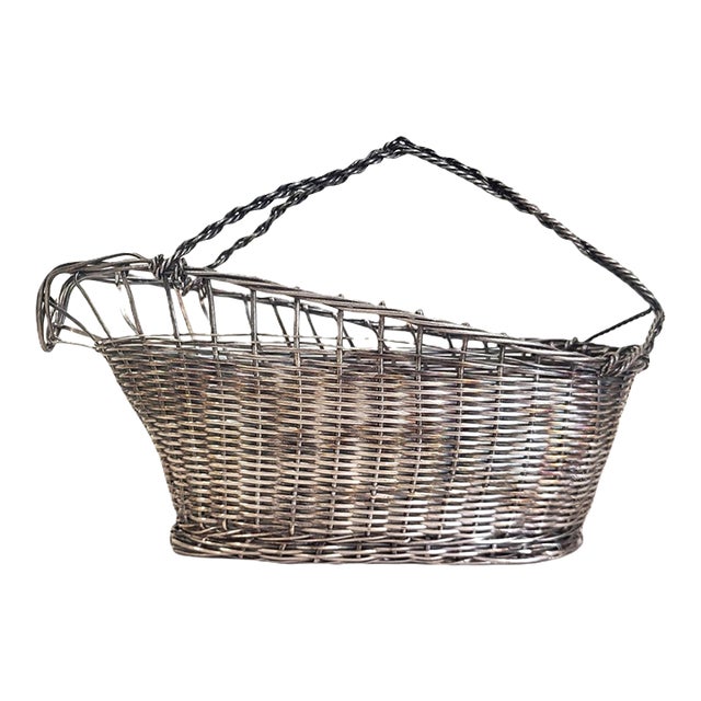 Vintage French Modern Woven Silver Plated Handled Wine Cradle Basket For Sale