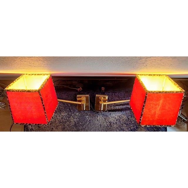 Brown Brass Wall Lamps with Handmade Fabric Shades, 1980s, Set of 2 For Sale - Image 8 of 12