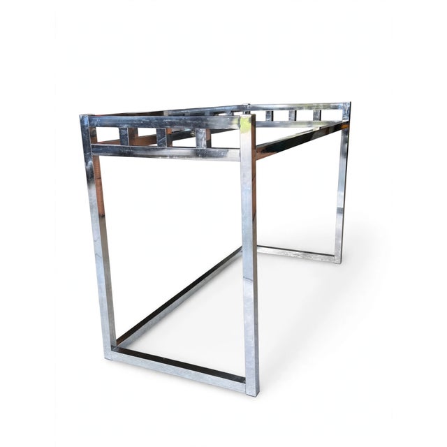 Chrome 1970s Willy Rizzo–Style Chrome & Glass Writing Desk | Geometric Hollywood Regency Console Table For Sale - Image 8 of 13