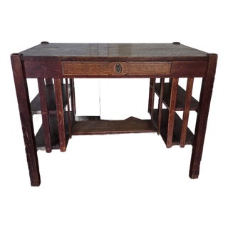 Antique Mission Oak Arts & Crafts Desk / Library Table With Built-in Bookcases (Circa 1900s) For Sale