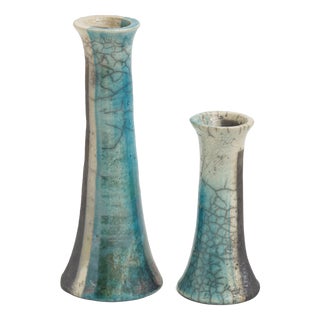 Japanese Modern White Green Raku Ceramic Stelo Wake Candle Holders by Laab Milano, Set of 2 For Sale