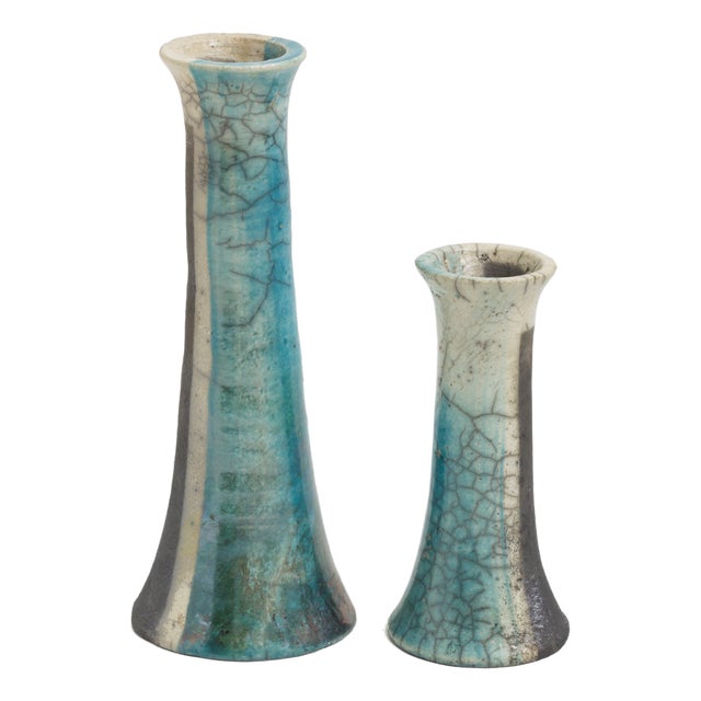 Japanese Modern White Green Raku Ceramic Stelo Wake Candle Holders by Laab Milano, Set of 2 For Sale