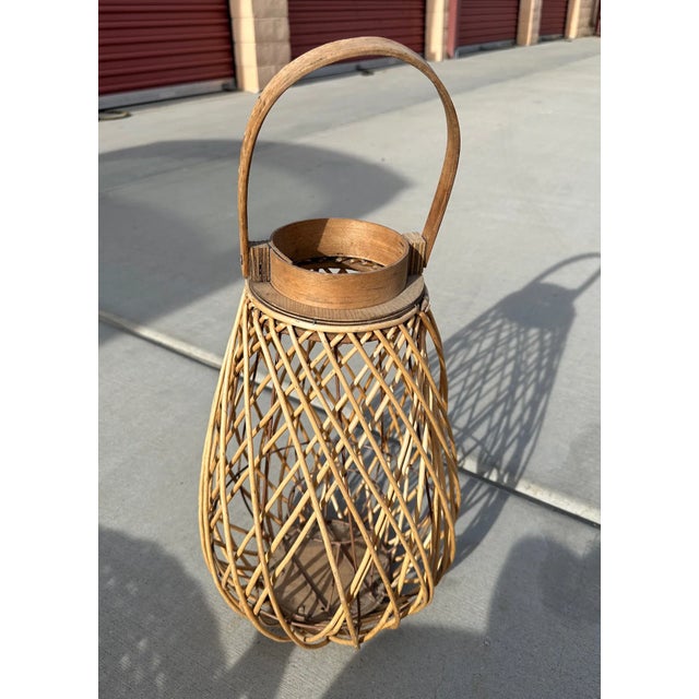 Farmhouse Wood/Wicker Lantern For Sale - Image 4 of 6