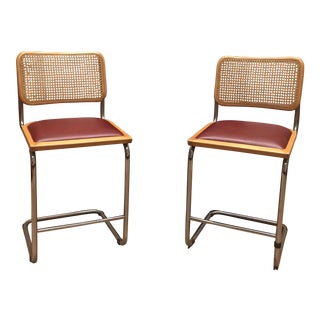 Marcel Breuer Cantilevered Cane Back Stools - A Pair For Sale