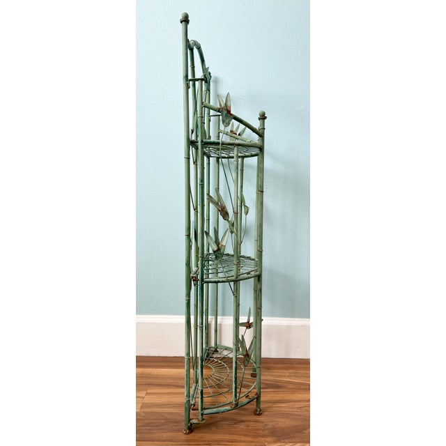 Chinoiserie Vintage Faux Bamboo & Botanical Metal Étagère / Plant Stand With Green Verdigris Finish - Hollywood Regency, Chinoiserie, Palm Beach For Sale - Image 3 of 11