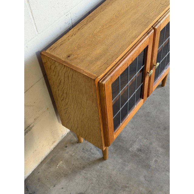 Mid-Century Modern Oak Display Cabinet With Leaded Glass Doors Interior Shelf Mid-Century Modern Denmark 1960s For Sale - Image 3 of 10