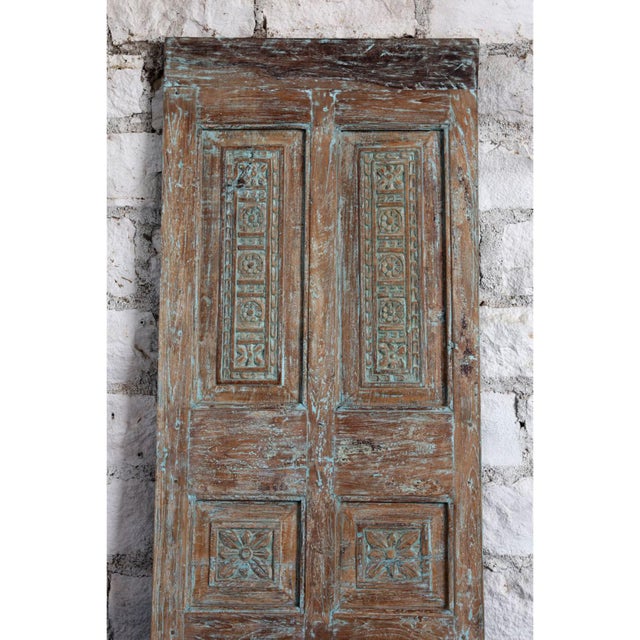 Antique Distressed Blue Carved Door – Artisanal Hinged or Barn Door Statement Piece 80x26 For Sale - Image 4 of 5