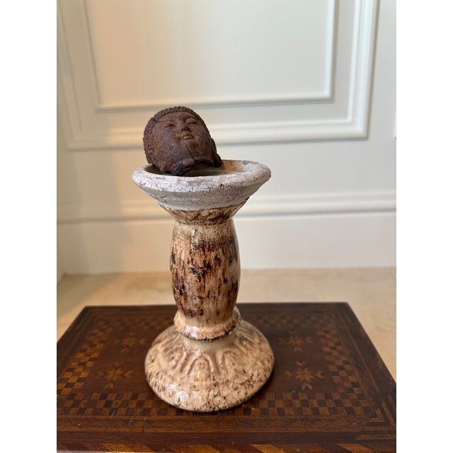Ceramic Vintage 7” French Glazed Terracotta Pillar Candleholder For Sale - Image 7 of 14