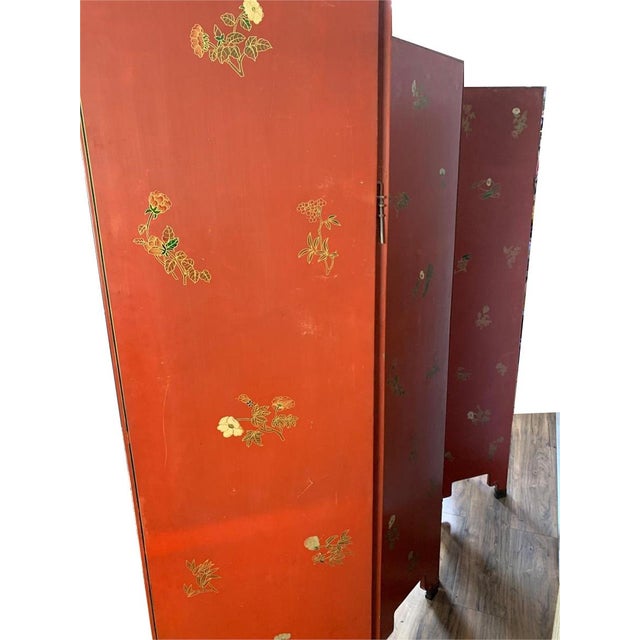 Antique Oriental Asian Red Coromandel Six Panel Folding Screen Birds in Garden For Sale - Image 15 of 16