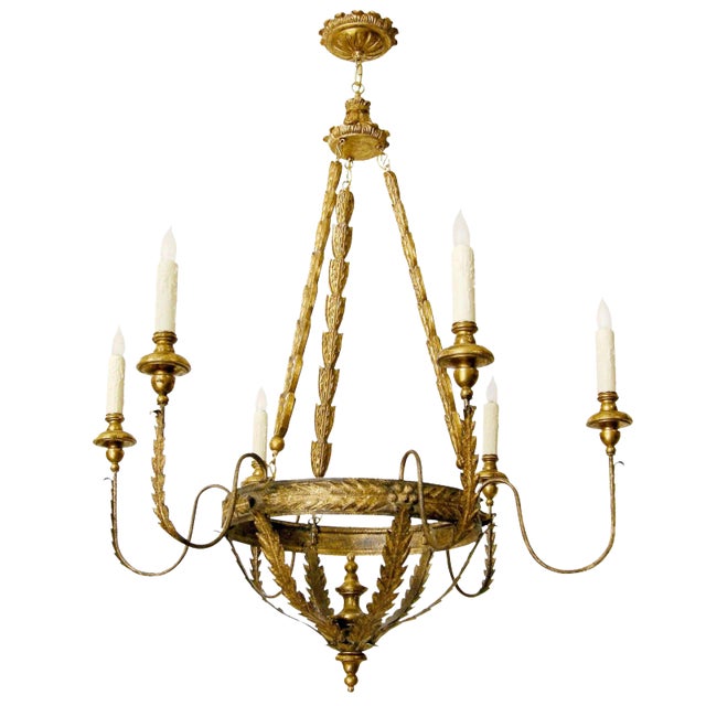 Milano Italian Six Arm Giltwood & Gilt-Metal Chandelier by Randy Esada Designs For Sale