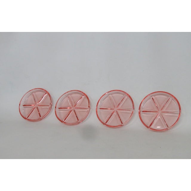 Art Deco Early 20th CenturyPink Depression Glass Drink Coasters 4pc Set With Raised Wheel Star Design For Sale - Image 3 of 13