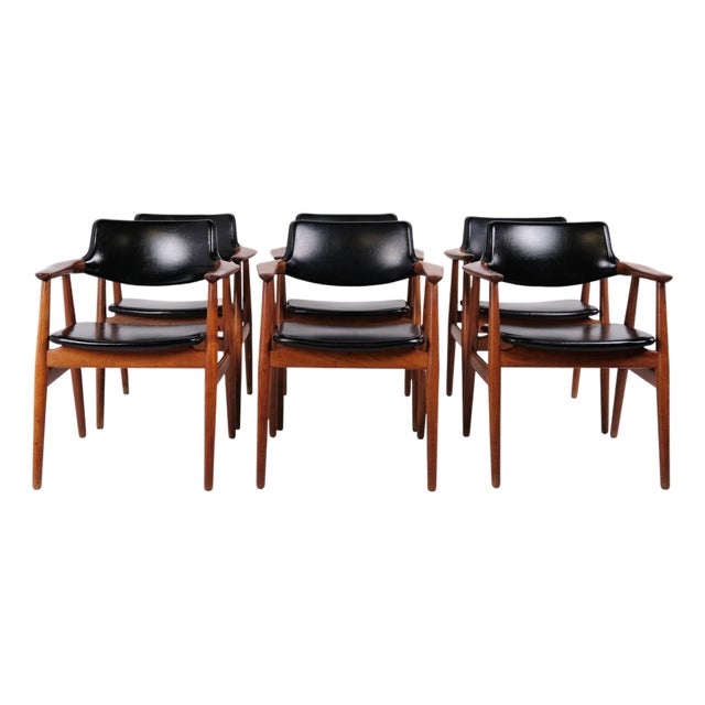 Model GM11 Dining Chairs in Teak & Black Leather attributed to Svend Aage Eriksen for Glostrup, 1960s, Set of 6 For Sale