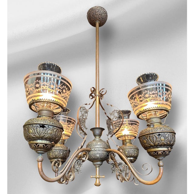 Victorian Late 19th Century Victorian Chandelier With Painted Shades For Sale - Image 3 of 18