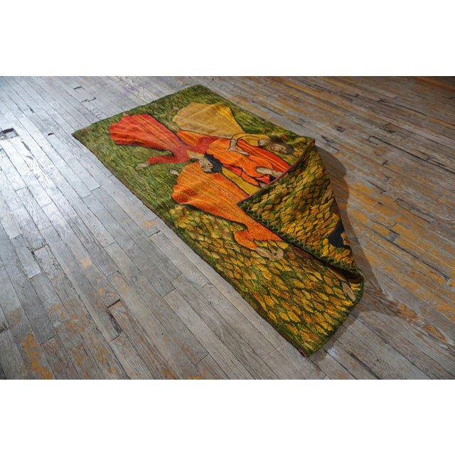 Green 1875s Green Women Dancing Antique French Tapestry Rug 1875 Flatweave Wool Carpet For Sale - Image 8 of 8
