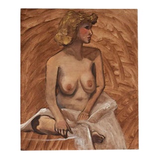 Tall Nude Portrait Painting of a Woman With Blonde Hair in Blush Pink - 20th C. For Sale