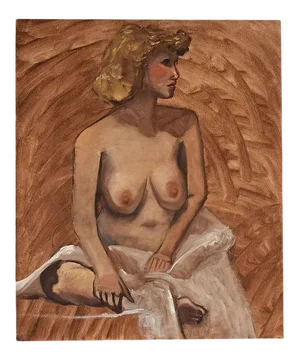 Tall Nude Portrait Painting of a Woman With Blonde Hair in Blush Pink - 20th C.