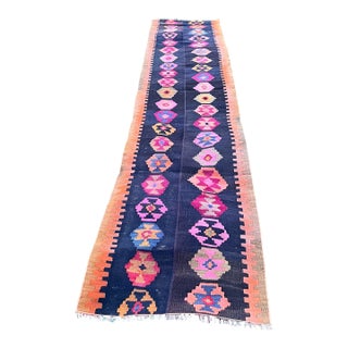 Vintage Black Colorful Flatweave Kilim Rug Runner For Sale