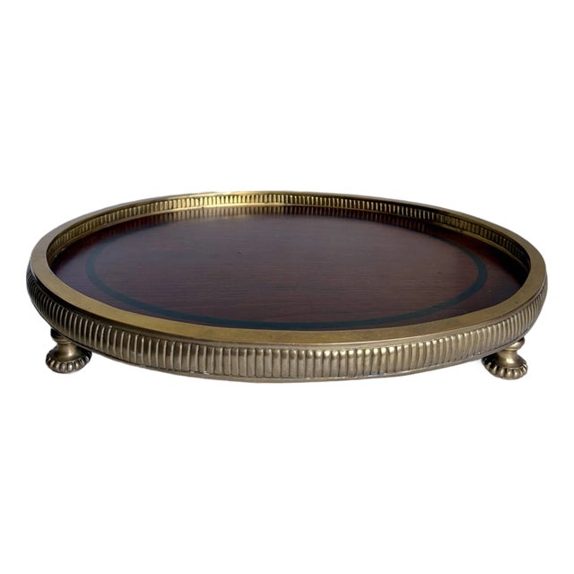 Traditional Neoclassical Oval Wood and Brass Footed Tray For Sale
