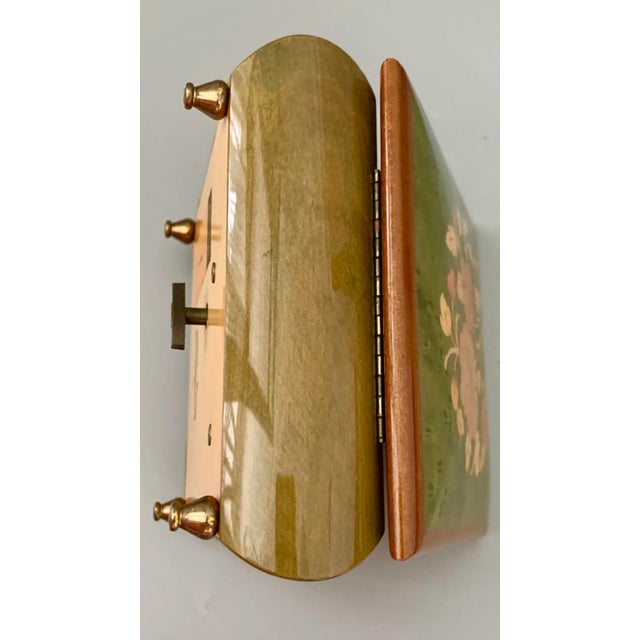 Wood Vintage Italian Burl Elm Marquetry Footed Jewelry Music Box “ Playing Memory “ With Reuge Swiss Movement For Sale - Image 7 of 13
