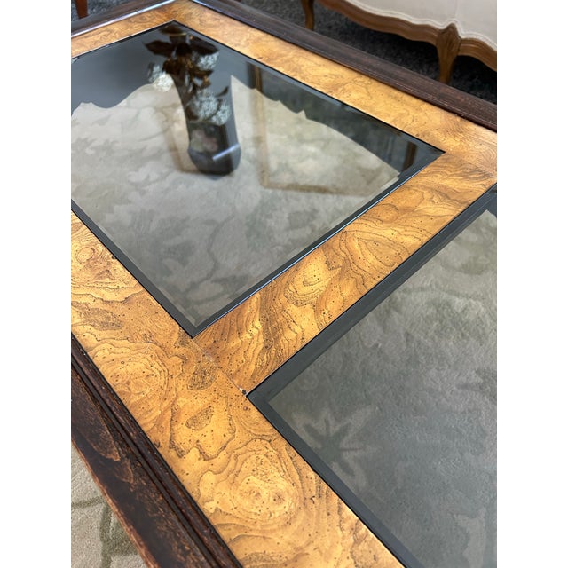 Late 20th Century Late 20th Century Postmodern Burlwood Ming-Style Coffee Table With Inset Smoked Glass For Sale - Image 5 of 10