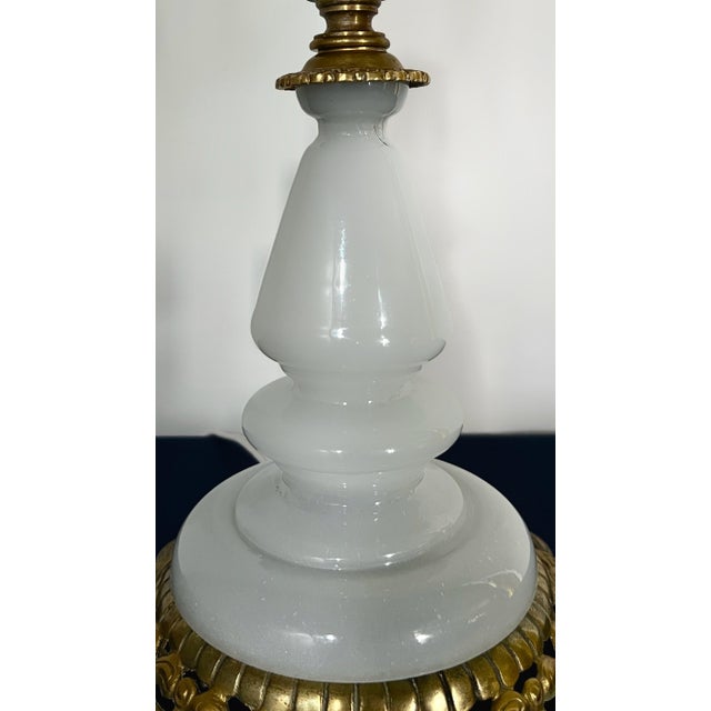 1950s Hollywood Regency Opaline Milk Glass & Cast Brass Accent Lamp For Sale - Image 4 of 8
