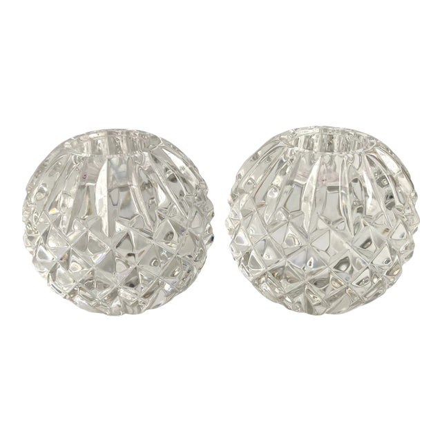 Waterford Crystal Taper Candlestick Holders Crosshatch Snowball Signed a Pair For Sale