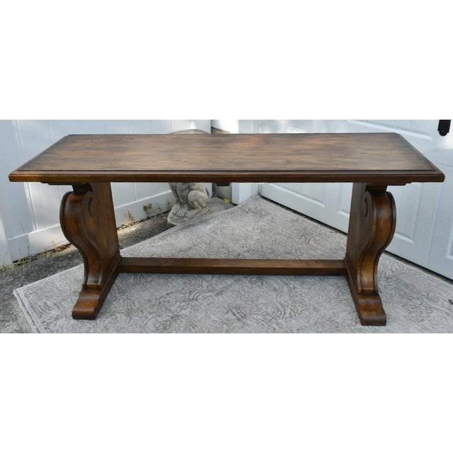 Brown Ethan Allen Teak Table Vintage Wayfarer Console Wood Empire Trestle Sofa Entry For Sale - Image 8 of 12