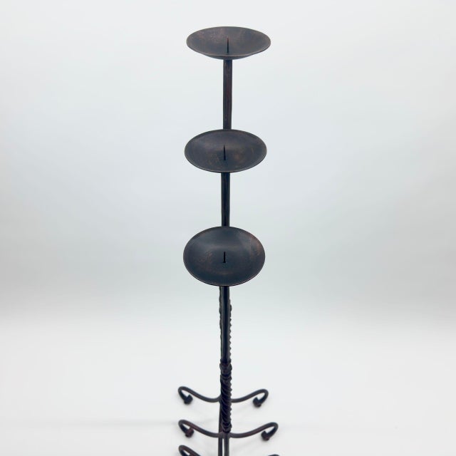 Hand Forged Iron Candelabra Set of 3 (90-110cm) Antique Copper Finish Barley Twist Stem with French Scroll Feet For Sale - Image 4 of 6