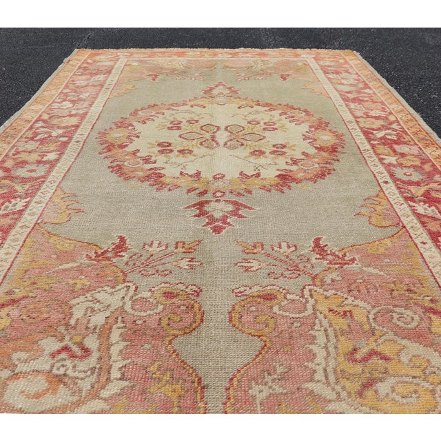 Textile Turkish Oushak Vintage Rug With Floral Medallion Design in Red and Light Blue For Sale - Image 7 of 13