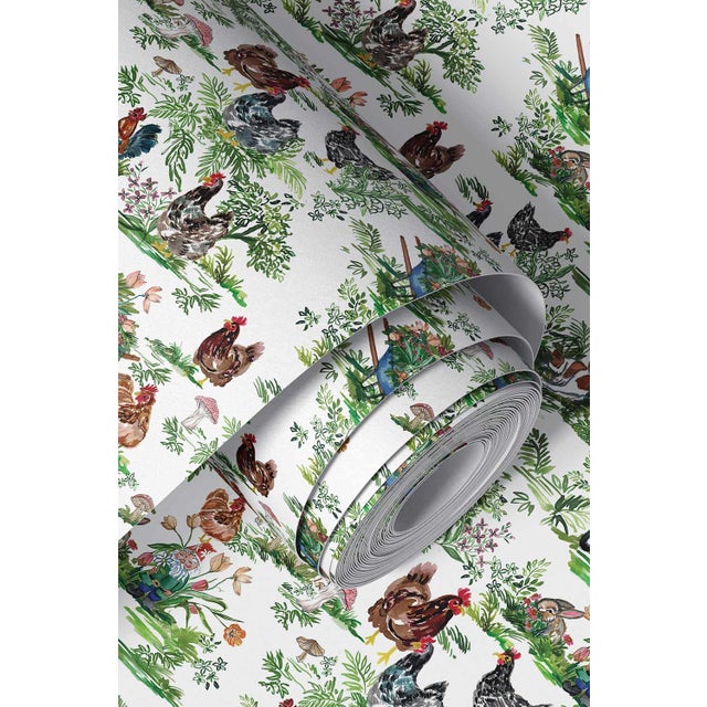 White Cluckingham Farm Toile Grasscloth Wallpaper by House Party | Egg White | 6 Yards For Sale - Image 8 of 8