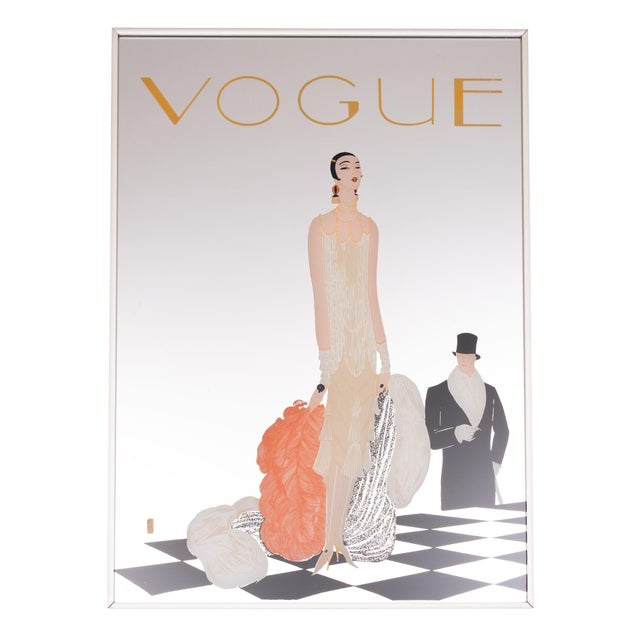 Glass Vintage Framed Vogue Painted Mirror with Flapper Girl and Top Hat Gentleman, 1970 For Sale - Image 7 of 7
