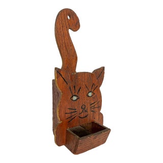 Folk Art Cat Wall Pocket Fireplace Match Caddy For Sale