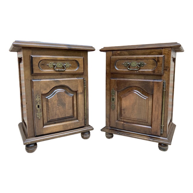 Pair of Spanish Wooden Bedside Cabinets With Drawer and Door, Mid 20th Century For Sale