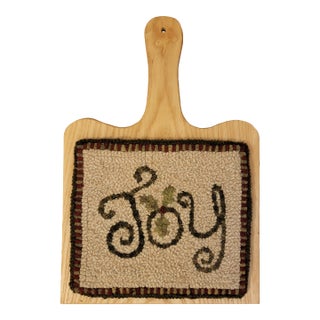"Joy" on Wood Board - Hand Hooked by Designer - 100% Wool / Linen Backing For Sale
