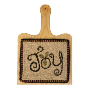 "Joy" on Wood Board - Hand Hooked by Designer - 100% Wool / Linen Backing