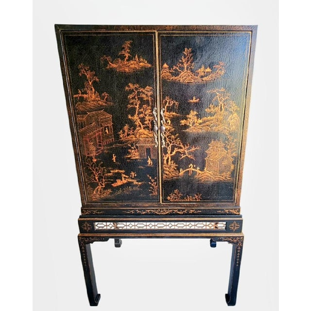 Wood Vintage Chinoiserie Massive Black Bronze Hand Painted Garden Pagoda Scene Fretwork Storage/Tv Cabinet For Sale - Image 7 of 15