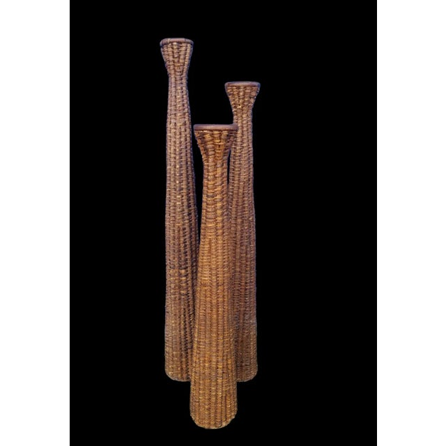Henry Link Vintage Extra Tall Weaved Wicker Graduated Floor Candle Holders Set of 3 For Sale - Image 4 of 6