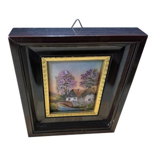 Vintage French Limoges Enamel Plaque Painting by f.j. Carmona – Framed Cottage Landscape For Sale